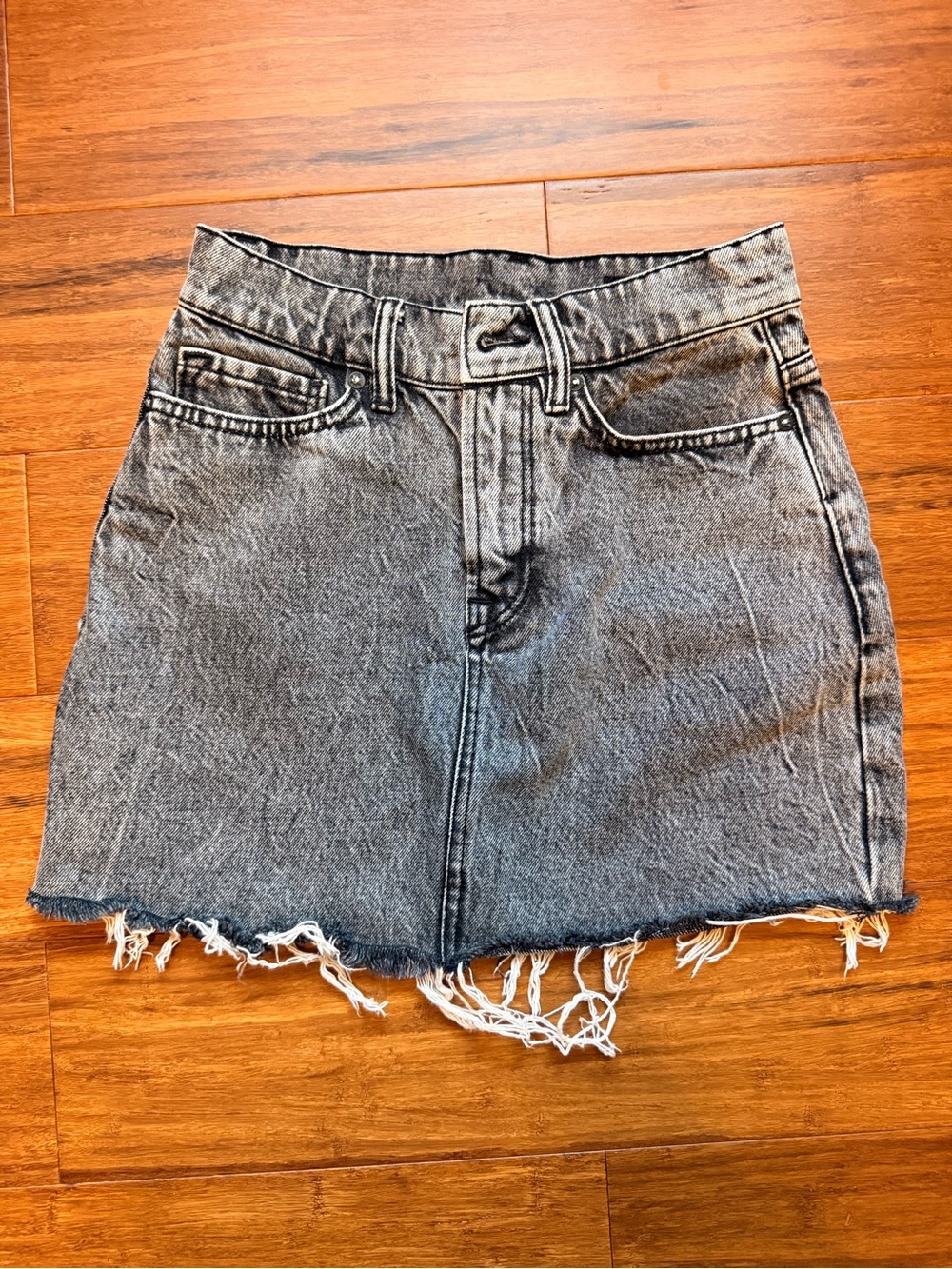 All Saints Black Washed Denim Mini Skirt with Frayed Hem